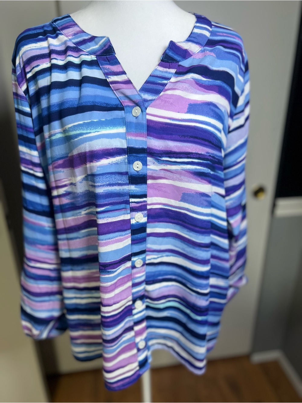 BonWorth Striped Button-Down Top in Blue and Purple